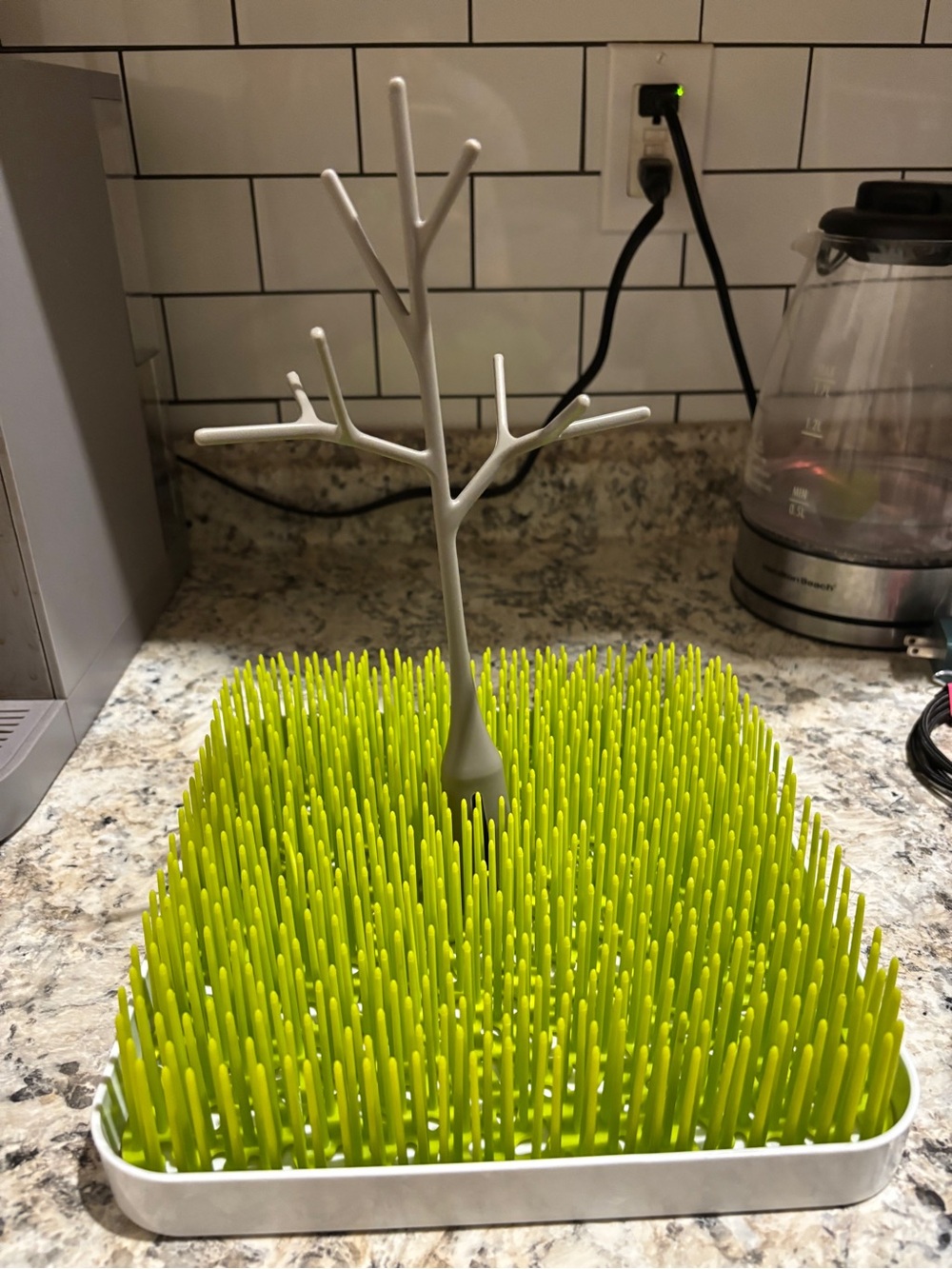 Boon Grass Green Bottle and Accessory Drying Rack with Gray Tree